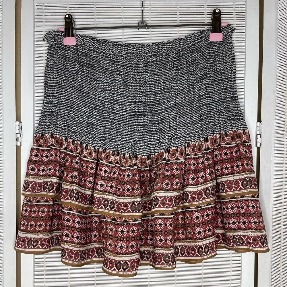 Veronica Beard Moore Silk Smocked Ruffle Mini Skirt Black Multi Size 0